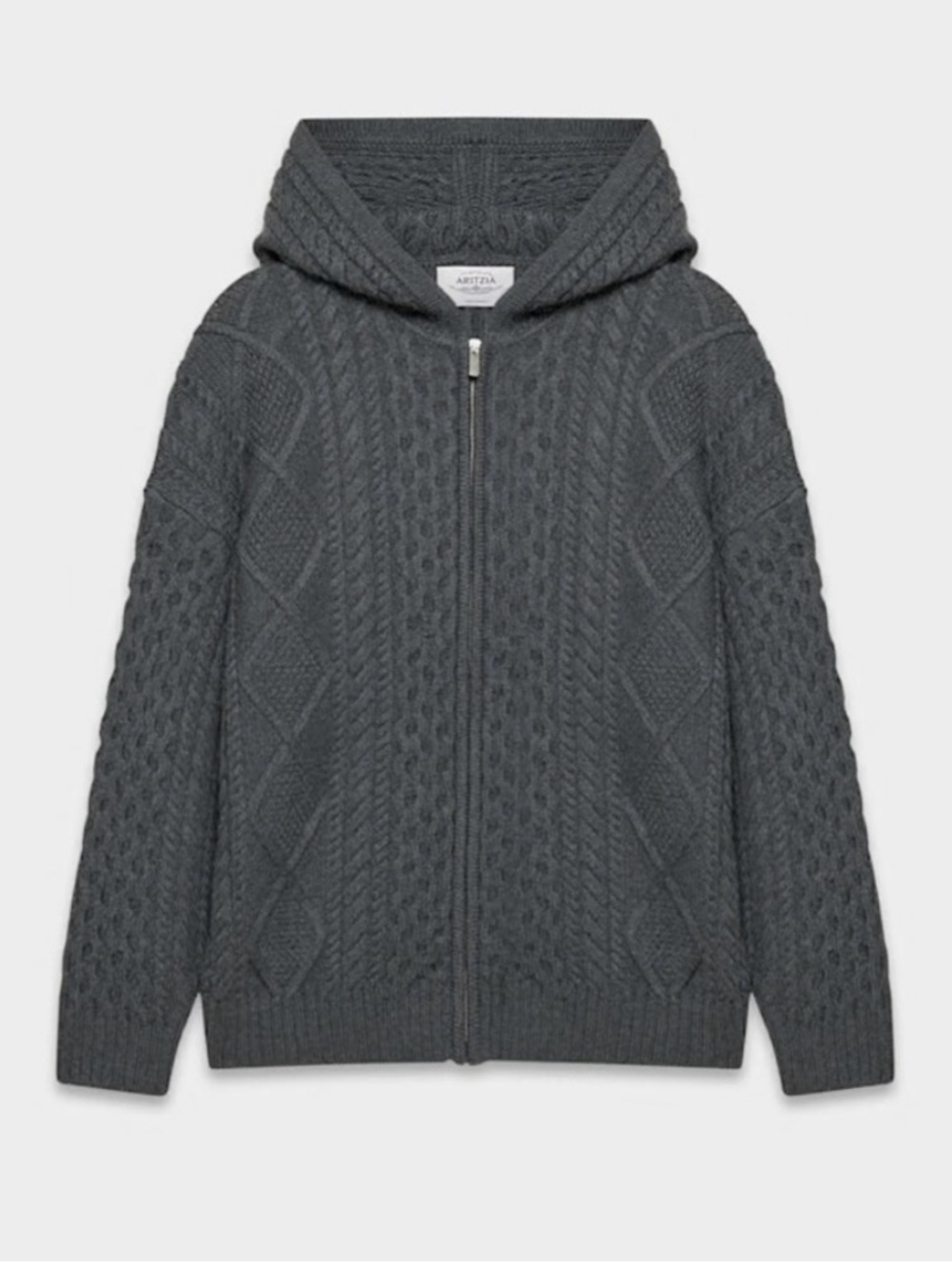 Aritzia 100% Merino Wool Thick Cable Knit Hooded Zip Cardigan XS Gray Cozy